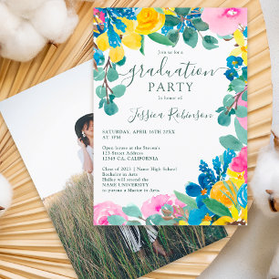 Rustic pink green floral photo graduation invitation