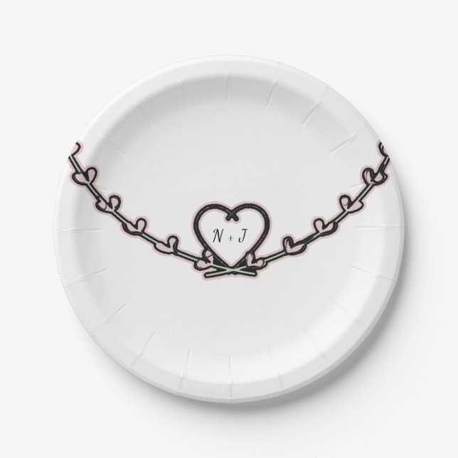 Rustic Pink Heart Vine Bridal Shower Custom Party Paper Plate (Front)