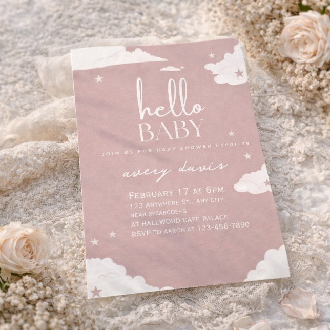 Rustic Pink hello baby cloud baby shower Invitation (Creator Uploaded)