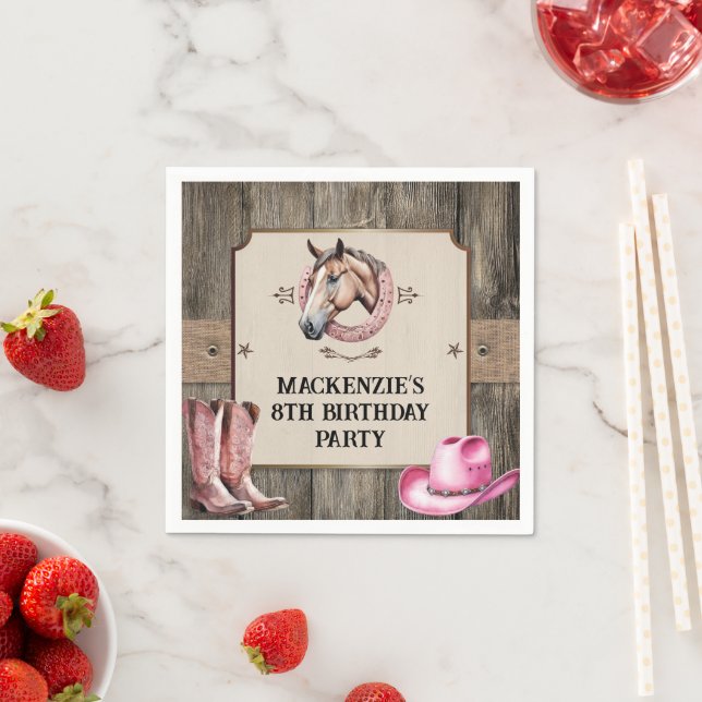 Rustic Pink Horseback Riding Birthday Party Napkin (Insitu)