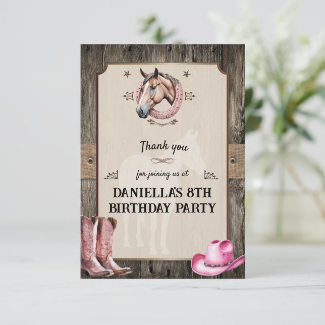 Rustic Pink Horseback Riding Birthday Party Thank You Card (Standing Front)