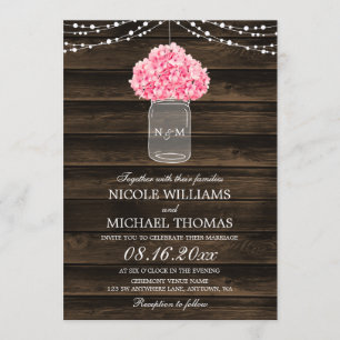 Rustic Pink Hydrangea Mason Jar Barn Wood Wedding Invitation