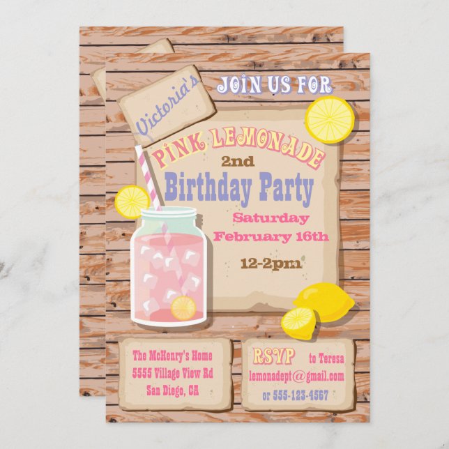 Rustic Pink Lemonade Birthday Party Invitations (Front/Back)