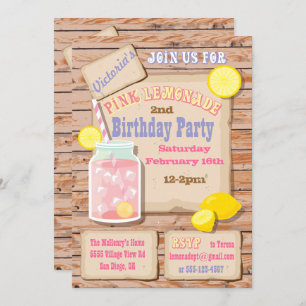 Rustic Pink Lemonade Birthday Party Invitations
