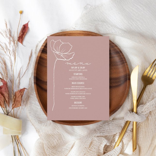 Rustic Pink Line Art Flower Wedding Menu (Creator Uploaded)
