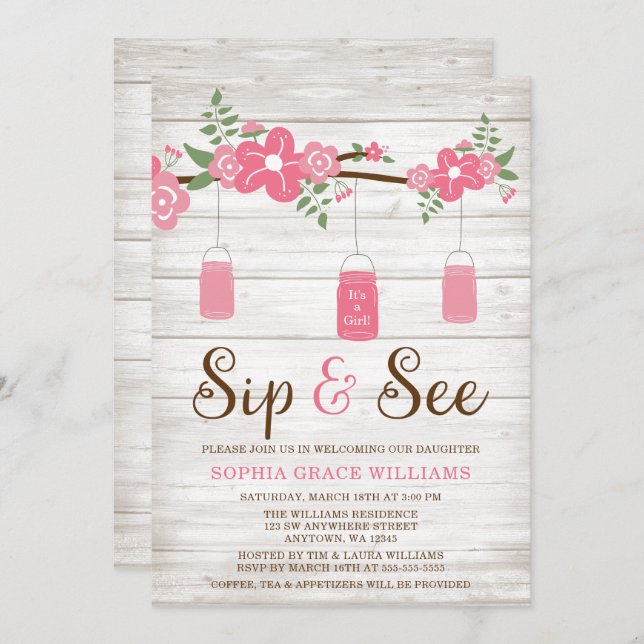 Rustic Pink Mason Jar Girl Sip and See Invitations (Front/Back)