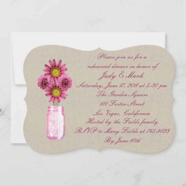 Rustic Pink Mason Jar Rehearsal Dinner Invitation (Front)