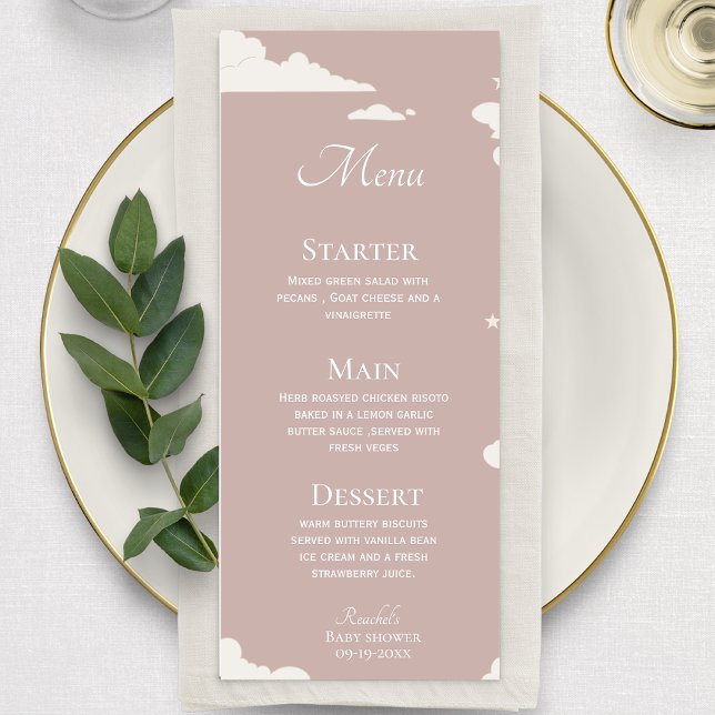 Rustic Pink Minimal cloud theme baby shower Menu (Creator Uploaded)