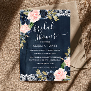 Rustic Pink Navy Floral Lace Bridal Shower Invitation