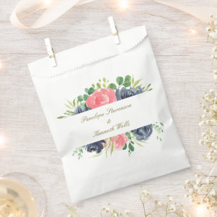 Rustic Pink Navy Rose Floral Frame Custom Wedding Favour Bag