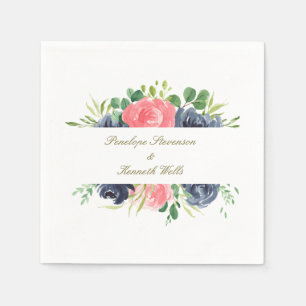 Rustic Pink Navy Rose Floral Frame Custom Wedding Napkin