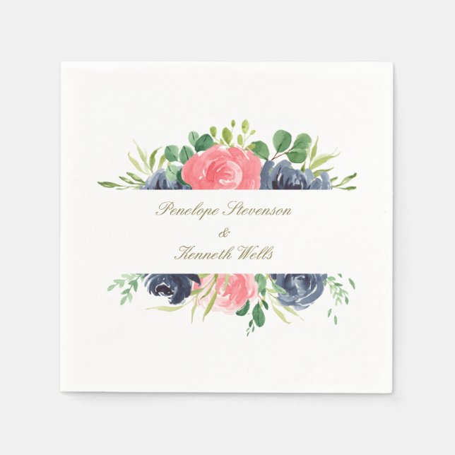 Rustic Pink Navy Rose Floral Frame Custom Wedding Napkin (Front)