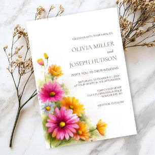 Rustic Pink Orange Floral Wedding Invitation