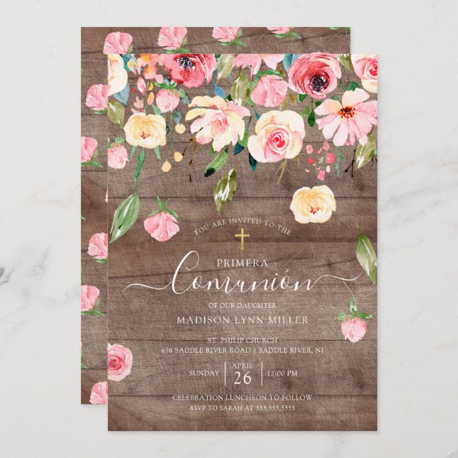 Rustic Pink Peonies Floral Spanish First Communion Invitation (Front/Back)