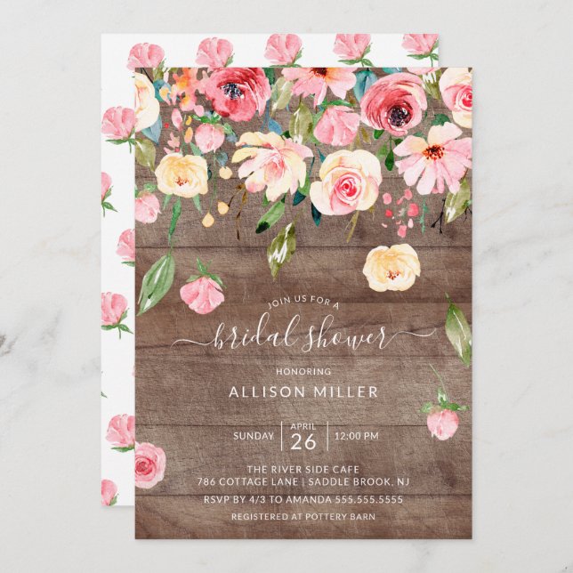 Rustic Pink Peonies Rose Floral Bridal Shower Invitation (Front/Back)