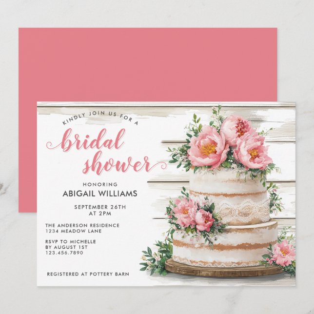 Rustic Pink Peony Cake Floral Bridal Shower Invitation (Front/Back)