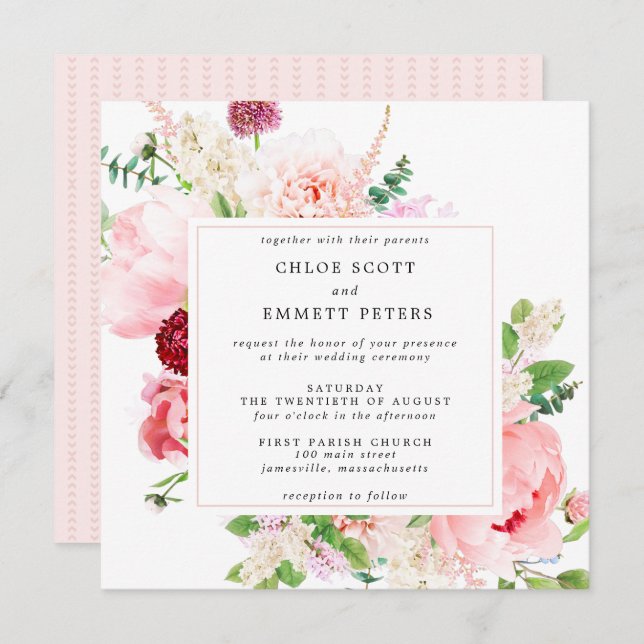 Rustic Pink Peony Floral Wedding Invitation (Front/Back)