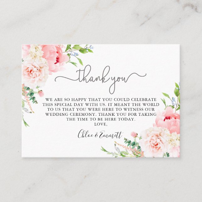 Rustic Pink Peony Floral Wedding Thank You Place Card (Front)