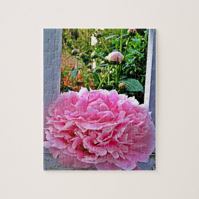 Rustic Pink Peony Garden Pickets Jigsaw Puzzle (Vertical)
