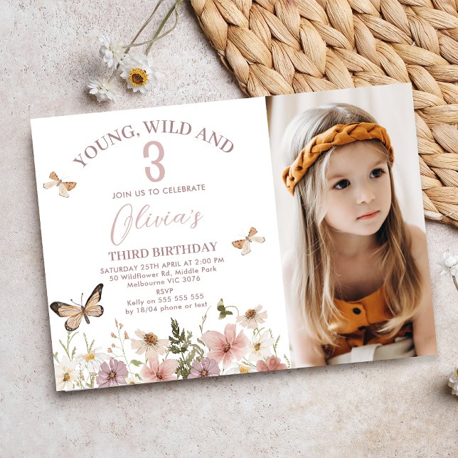 Rustic Pink Photo Wildflowers 3rd Birthday Invitation (Young, wild and three themed 3rd Birthday invitation, Wildflowers 3rd Birthday Invitation Template)