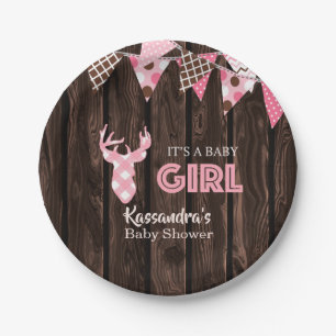 Rustic Pink Plaid Deer Baby Shower Paper Plates