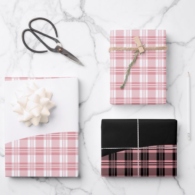 Rustic pink plaid tartan chequered wrapping paper sheet (Front)