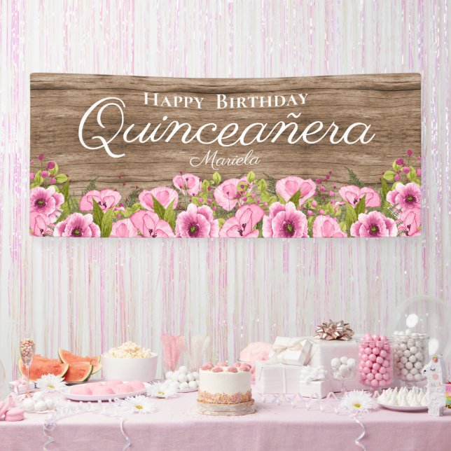 Rustic Pink Poppies Quinceañera Banner (Party)