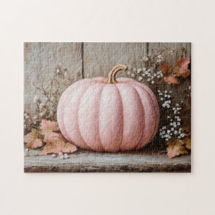 Rustic Pink Pumpkin Autumn Leaves Jigsaw Puzzle