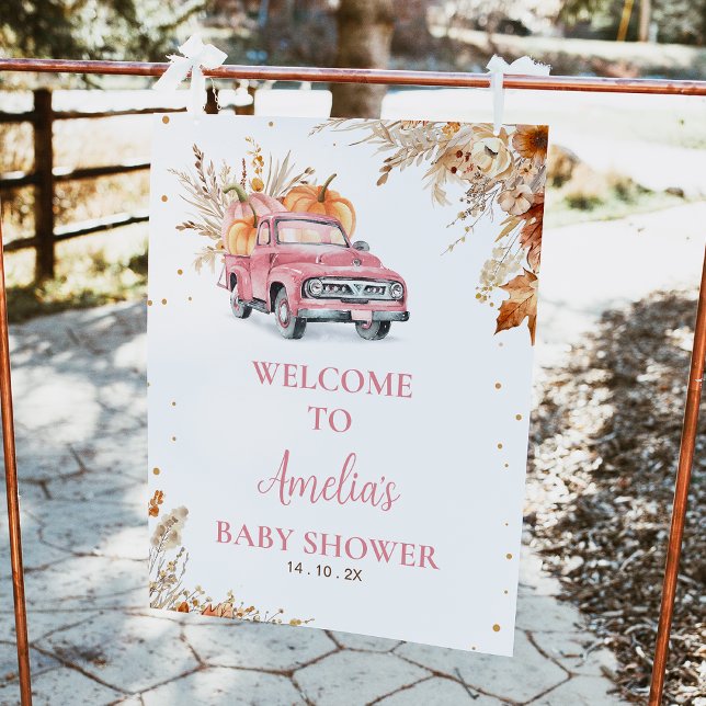 Rustic Pink Pumpkin Truck Baby Shower Welcome Sign (Editable Girls Pumpkin Truck Baby Shower Welcome Sign Fall Harvest Pink Truck Baby Shower Welcome )