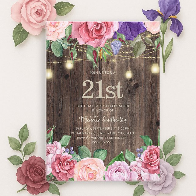 Rustic Pink Purple Flowers String Lights 21st Invitation (Pink and purple watercolor floral and string lights on rustic wood 21st birthday party invitation)