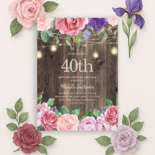 Rustic Pink Purple Flowers String Lights 40th  Invitation