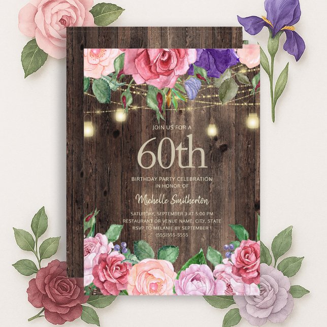 Rustic Pink Purple Flowers String Lights 60th Invitation (Pink and purple watercolor floral and rustic wood 60th birthday party invitation)