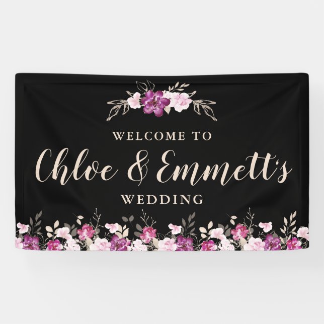 Rustic Pink Purple on Black Floral Wedding Banner (Horizontal)