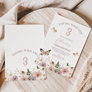 Rustic Pink Purple Wildflowers 3rd Birthday Invitation