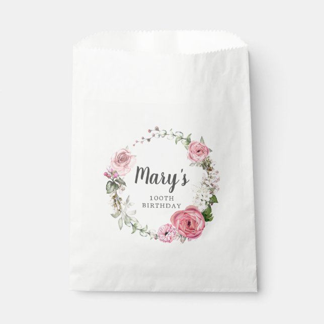 Rustic Pink Rose Floral 100th Birthday  Favour Bag (Front)