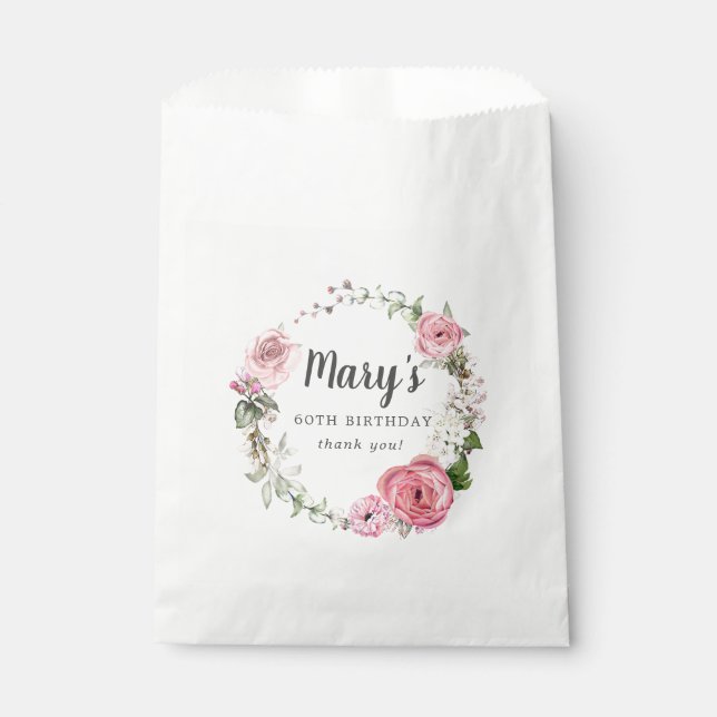 Rustic Pink Rose Floral 60th Birthday Favour Bag (Front)