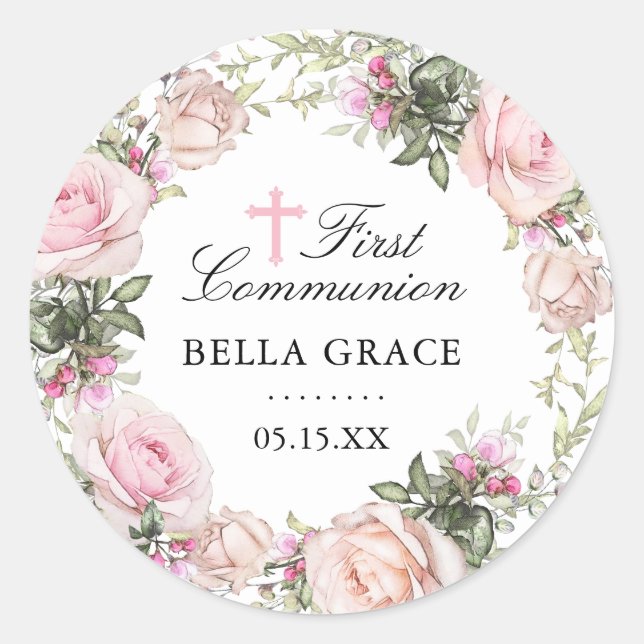 Rustic Pink Rose Floral First Communion Classic Round Sticker (Front)