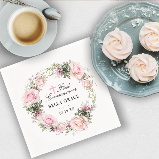 Rustic Pink Rose Floral First Communion Napkin (Creator Uploaded)