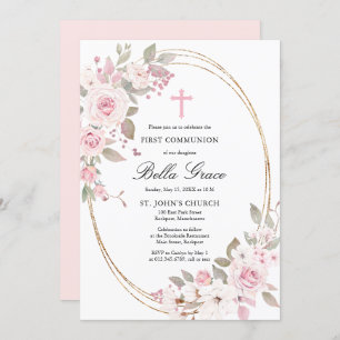 Rustic Pink Rose Floral First Holy Communion Invit Invitation