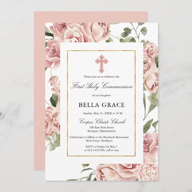Rustic Pink Rose Floral First Holy Communion Invitation (Front/Back)