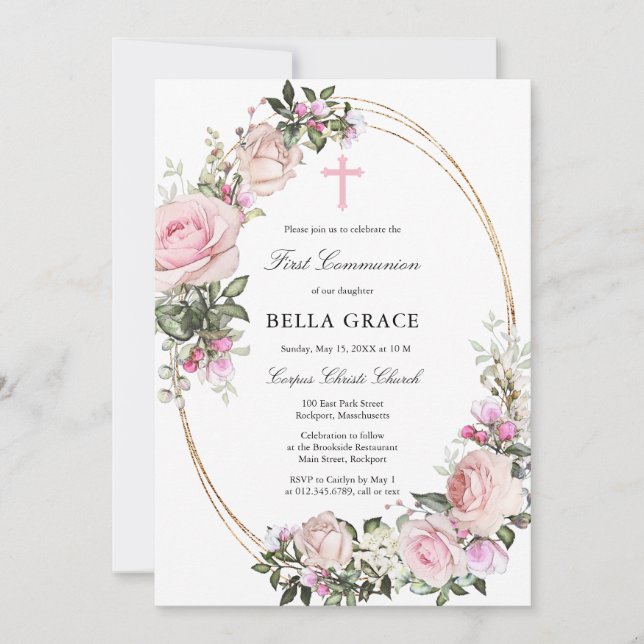 Rustic Pink Rose Floral First Holy Communion Invitation (Front)