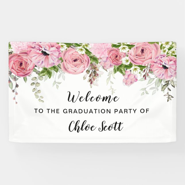 Rustic Pink Rose Floral Graduation Party Welcome Banner (Horizontal)