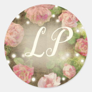 Rustic Pink Rose Floral String Lights Monogram Classic Round Sticker