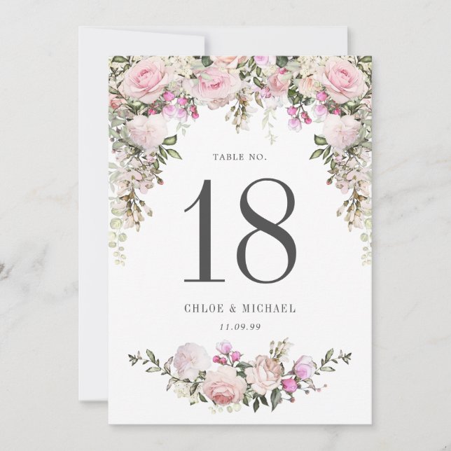 Rustic Pink Rose Floral Wedding Table Card (Front)