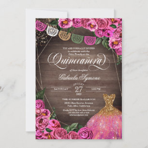 Rustic Pink Rose Glitter Gown Fiesta Quinceañer Invitation