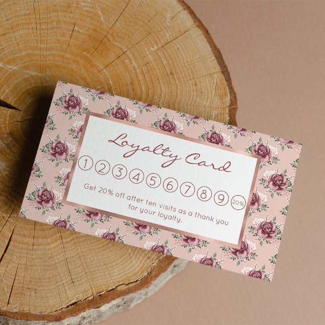 Rustic pink rose gold green bohemian floral loyalty card (Rustic pink rose gold green bohemian floral )