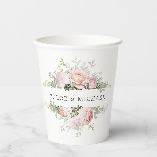 Rustic Pink Rose Personalised Wedding Paper Cups (Front)