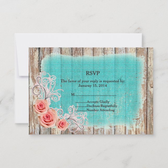 Rustic Pink Rose Turquoise Burlap RSVP rpr1 Card (Front)
