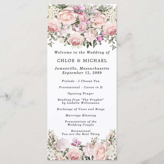 Rustic Pink RoseFloral Wedding Program (Front)