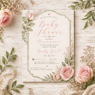 Rustic Pink Roses Baby Girl Baby Shower | Invitation